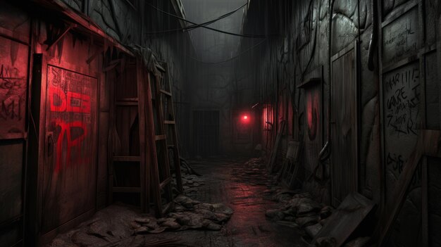 Un callejón oscuro y espeluznante con graffiti rojo brillante y una sola luz roja