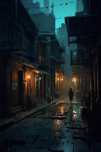 Un callejón oscuro con un hombre caminando por él.