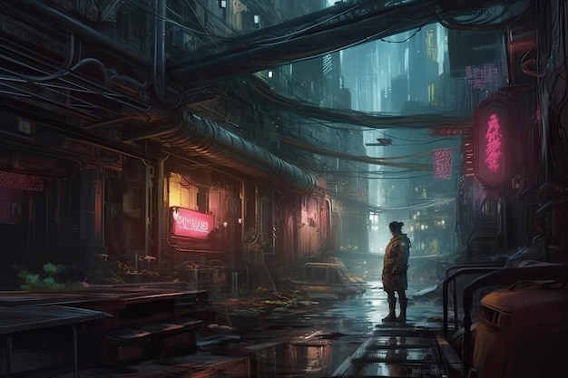 Un callejón oscuro con un hombre parado en medio y un letrero de neón que dice 'cyberpunk'