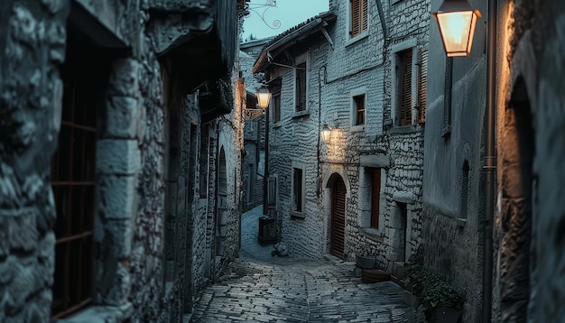 Un callejón oscuro con una lámpara de calle en el medio