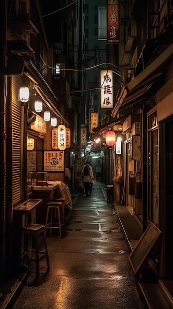 Un callejón oscuro con un letrero que dice 'shibuya'