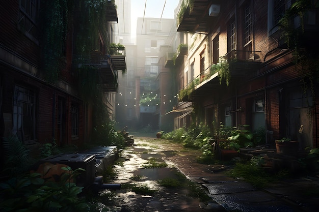 Un callejón oscuro con plantas creciendo en las paredes y un edificio con una luz en el fondo.
