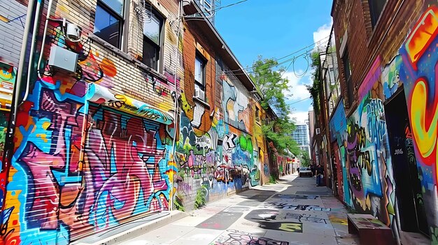 Un callejón urbano está cubierto de coloridos graffitis las paredes están hechas de ladrillo el cielo es azul