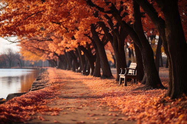 Callejón vacío cubierto de follaje en el parque de la ciudad de otoño en el lago Paisaje natural Parque de hojas de árboles de color rojo y naranja