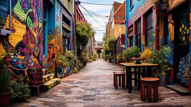 Un callejón vibrante adornado con mesas y bancos pintados que dan vida al arte en un entorno caprichoso