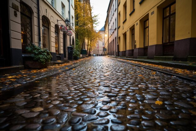 Las calles de adoquines empapadas de lluvia