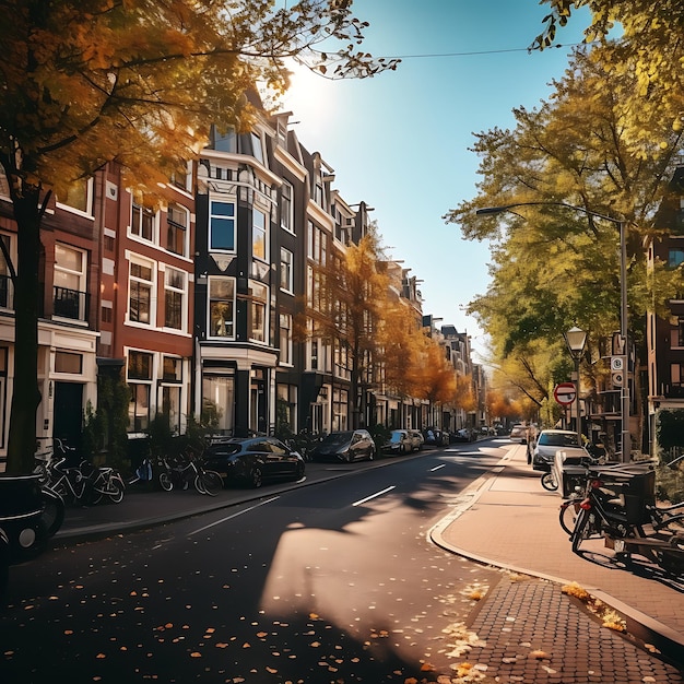 Calles de Amsterdam con Grachten y puentes en un hermoso ambiente otoñal día soleado
