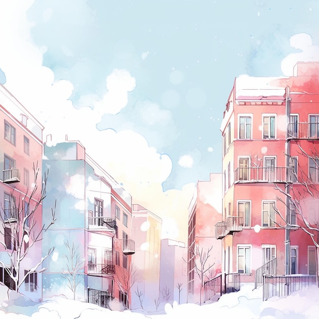Las calles de invierno cubiertas de nieve en el centro de la ciudad acuarela fría
