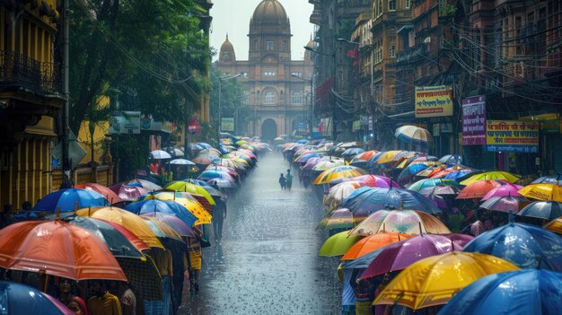 Las calles lluviosas de Mumbai con paraguas vívidas y la terminal icónica en el fondo