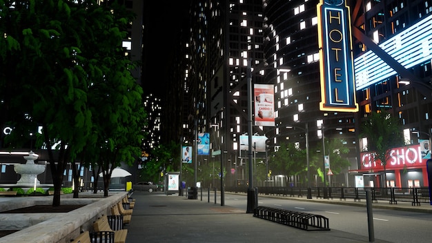 Calles y torres del centro del centro con luces parpadeantes a altas horas de la noche, metrópolis moderna con rascacielos y edificios de oficinas en el distrito comercial. Ciudad capital. Animación de procesamiento 3d.