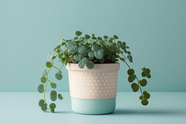 Callisia reprende una pequeña y adorable planta rastrera en una maceta con un fondo azul pálido