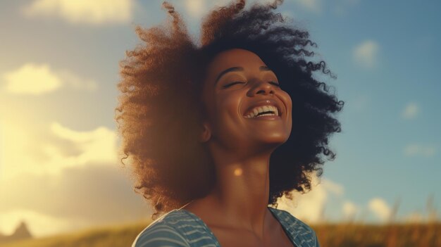 Calma feliz sonriente mujer negra con los ojos cerrados en los campos libre paz hermoso momento concepto