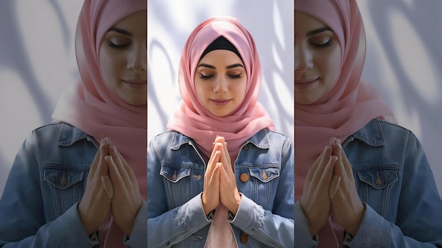 Calma mujer árabe atractiva mantiene las palmas en el gesto de oración usa hijab rosa y chaqueta de vaqueros