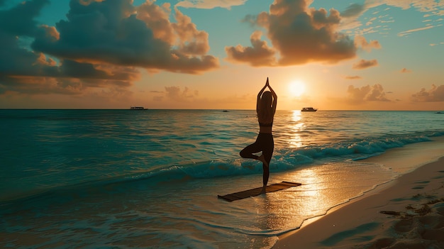 Calma y pacífica una mujer practica yoga en la playa al atardecer el sol se está poniendo sobre el océano y las olas golpean suavemente la orilla