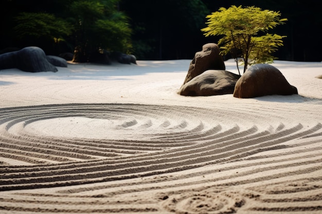 Calma Serenidad Abrazando el Zen en un jardín japonés con un círculo en la arena