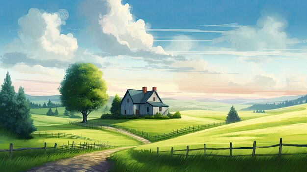 Calmante paisaje rural con campos, pastos y carreteras sinuosas en un estilo de dibujos animados.