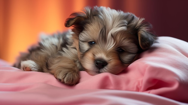Calmito pequeño cachorro de ginger terrier acostado en una cubierta rosada acogedora en el dormitorio