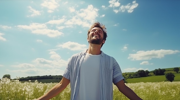 Calmo feliz hombre sonriente con los ojos cerrados en los campos libre paz hermoso momento concepto