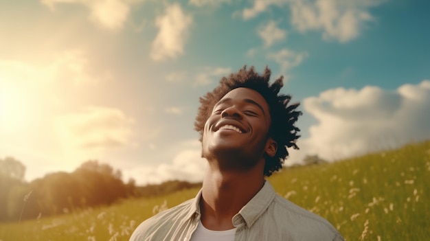 Calmo, feliz, sorridente, negro com os olhos fechados nos campos, paz livre, conceito de um momento bonito.