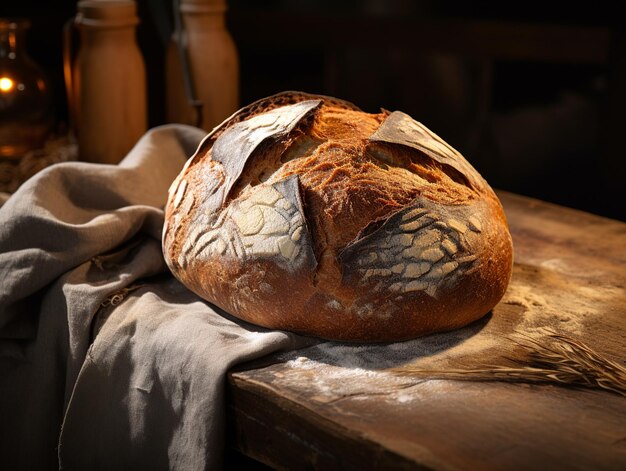 Calor artesanal Pão fresco à luz natural em mesa antiga