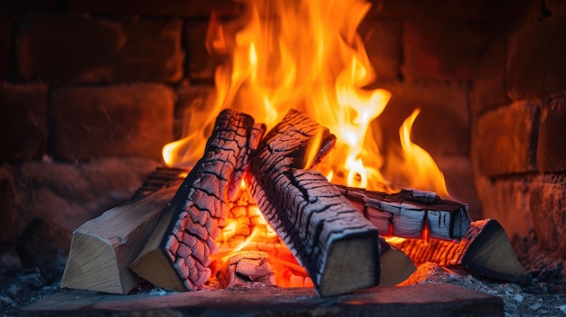 El calor y la comodidad emanan de un fuego rugido que cruje dentro de una chimenea rodeada de troncos