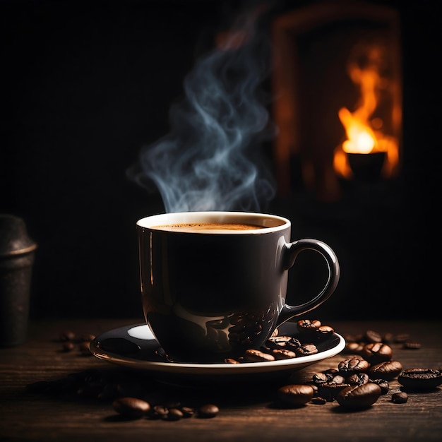 Calor e aroma de xícara de café em uma sala escura
