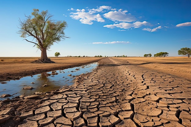 Calor e seca aquecimento global alterações climáticas interminável planície seca com solo rachado e morto