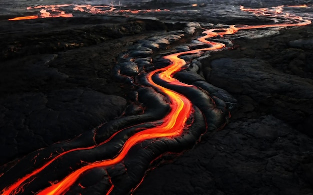 Foto calor de fuego de lava intenso que fluye en el volcán