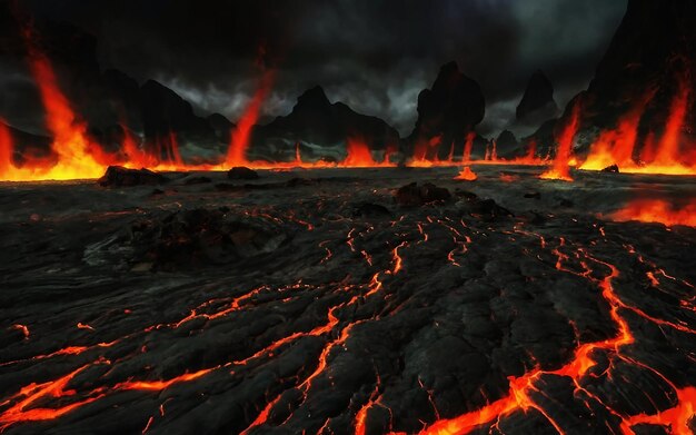 Foto calor de fuego de lava intenso que fluye en el volcán