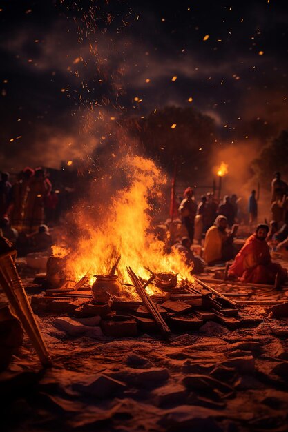 Foto el calor de una hoguera contra el cielo de la tarde brasas flotando hacia arriba como una imagen central para un lohri