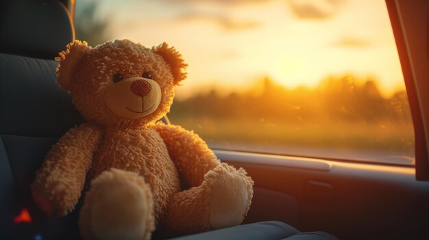 Foto la calor de la hora dorada rodea a un osito de peluche acurrucado en un viaje en coche que evoca la nostalgia de la infancia