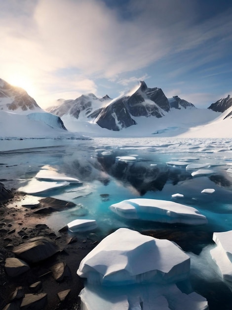 Foto calotas de gelo na antártida com icebergs no oceano nadando ao redor e derretendo no mar