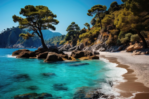 En un caluroso día de verano, se puede ver una bahía, una playa de arena, árboles y una montaña desde arriba. Un retraso azul.