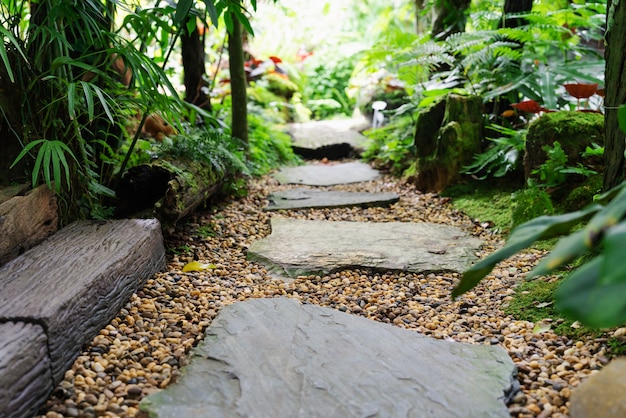 Calzada de piedra en piedra de jardín paso en grava