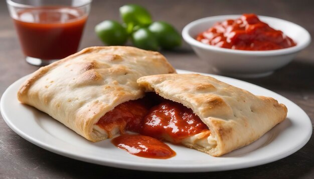 Calzone de queijo italiano tradicional servido com molho de marinara