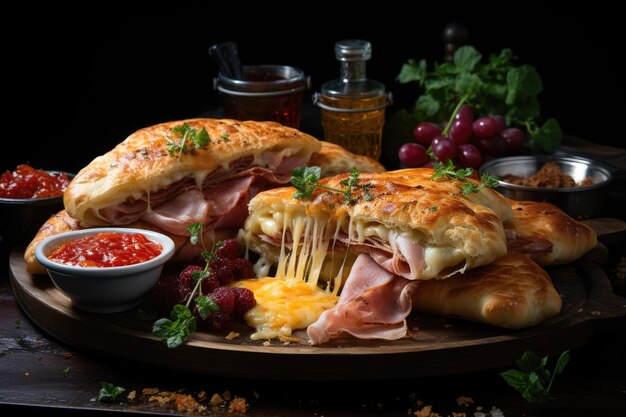 Calzone dorado relleno de queso y jamón generativa IA