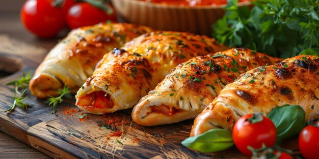 Foto calzone italiano saboroso com queijo e especiarias em um conceito de configuração de trattoria cozinha italiana calzone receitas seleção de queijo especiarias italianas trattoria jantar