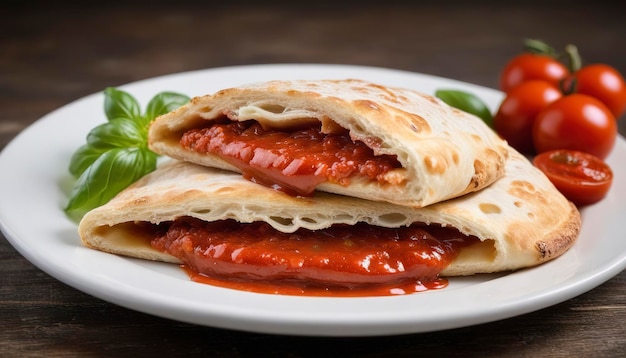 Calzone de queso italiano tradicional servido con salsa de marinara