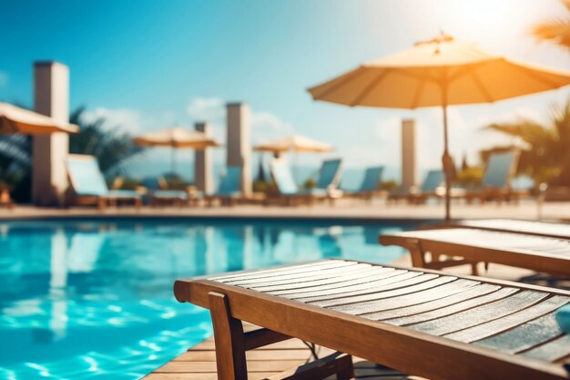 Cama à beira da piscina num hotel tropical, férias de verão ensolaradas.