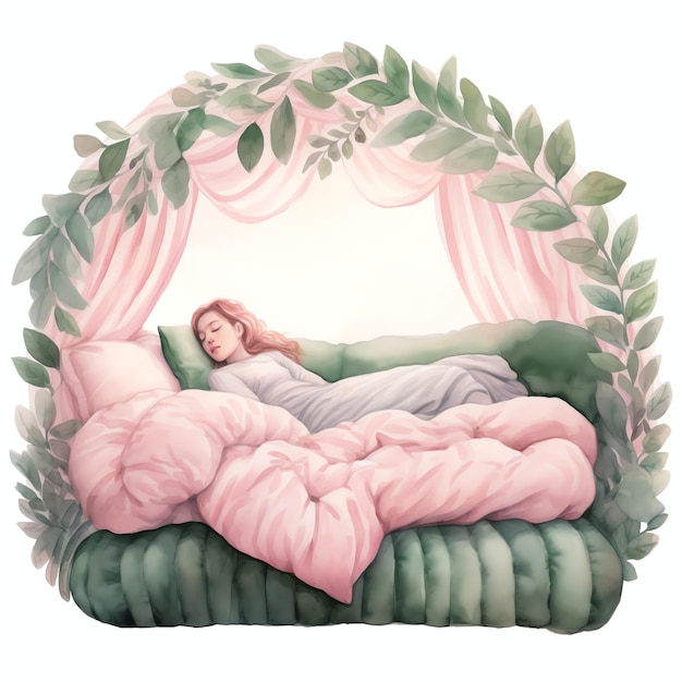 Foto cama aconchegante acessório de vida simples para o dia de primavera em cor-de-rosa cores estéticas neutras aquarela para menina