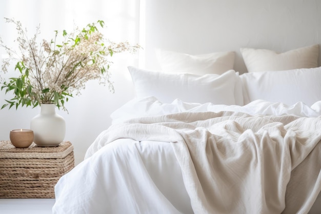 Cama aconchegante com lençol branco em residência