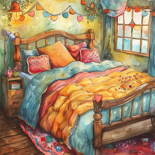 Cama aconchegante de aquarela de desenho animado