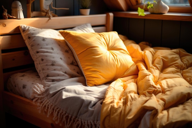 Cama aconchegante para crianças com roupa de cama amarela e branca em estilo escandinavo