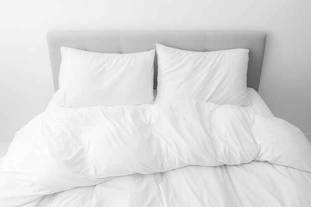 Cama aislada con dos almohadas y ropa de cama blanca sobre fondo blanco.