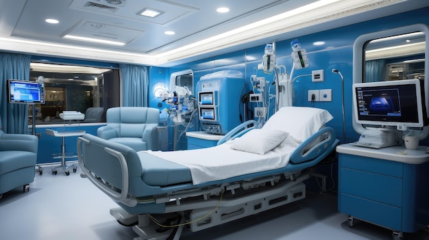 Foto cama ajustable y equipo de vigilancia de la vida en el hospital