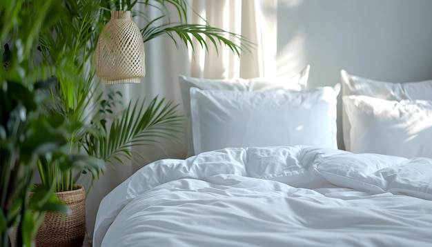 cama con almohada de cama blanca y edredón contra la vegetación del hogar dormitorio de diseño de interiores escandinavo