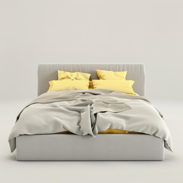 una cama con almohadas amarillas y un cobertor blanco