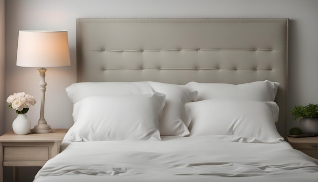 una cama con almohadas blancas y un cabecera blanca