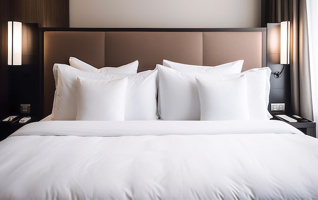 Una cama con almohadas blancas y un cabecero marrón con la palabra hotel.