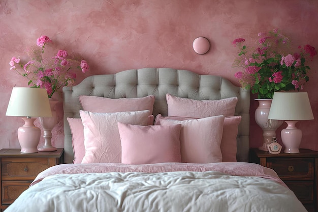 Una cama con almohadas hechas de rosas y algunas almohadas.